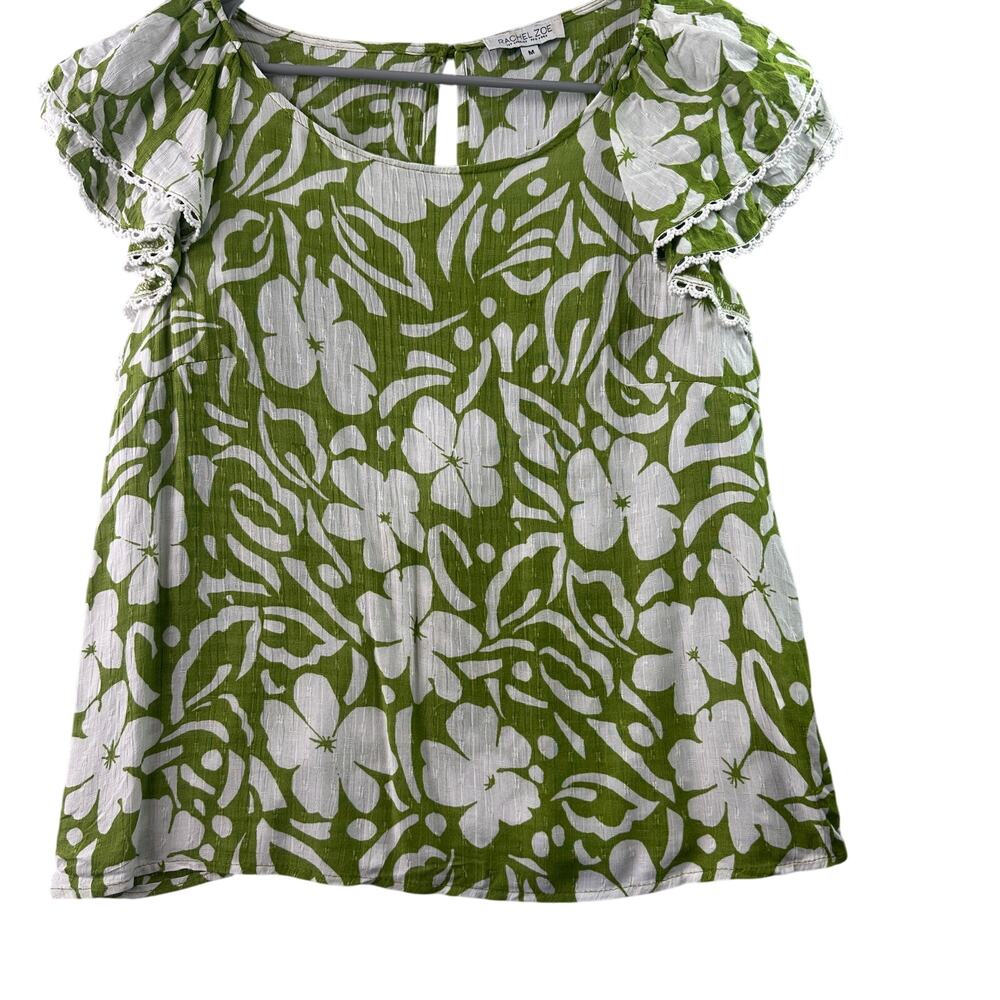 Rachel Zoe Green & White Floral Rayon Top • Flutter Sleeves • Size M - Boho Chic